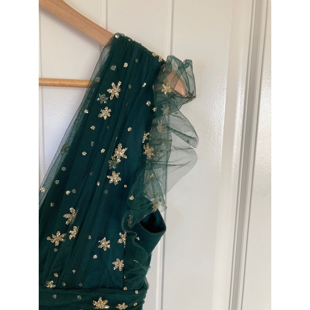 Soieblu Forest Green Tulle Gold Glitter Star Snowflake V-Neck Midi Dress M - Picture 7 of 9